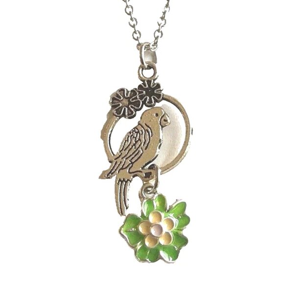 Unbranded Jewelry - Vintage Parrot Necklace 20" Stainless Steel Chain Silver Tone Island Flowers